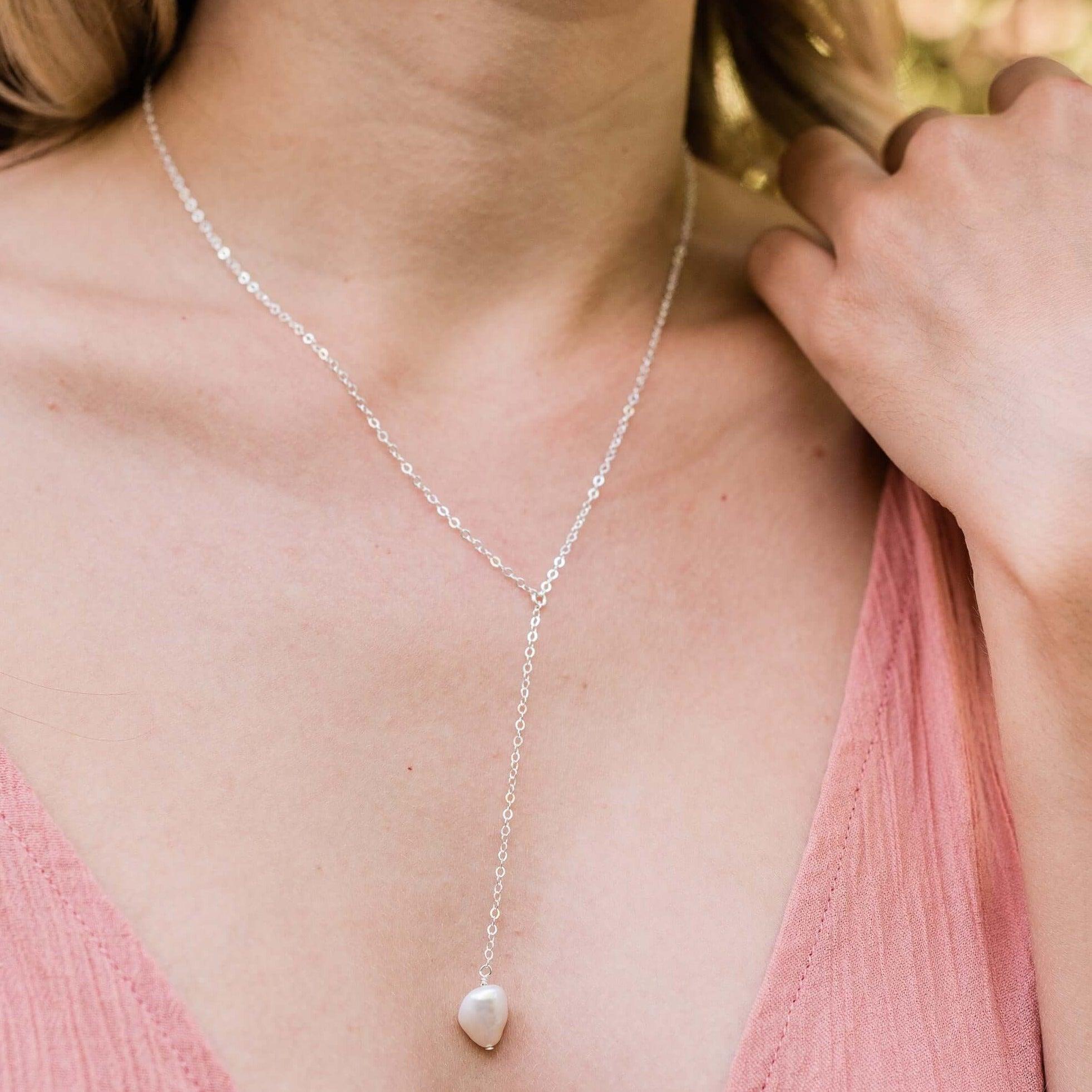 Raw White Freshwater Pearl Crystal Lariat Necklace - Raw White Freshwater Pearl Crystal Lariat Necklace - 14k Gold Fill - Luna Tide Handmade Crystal Jewellery