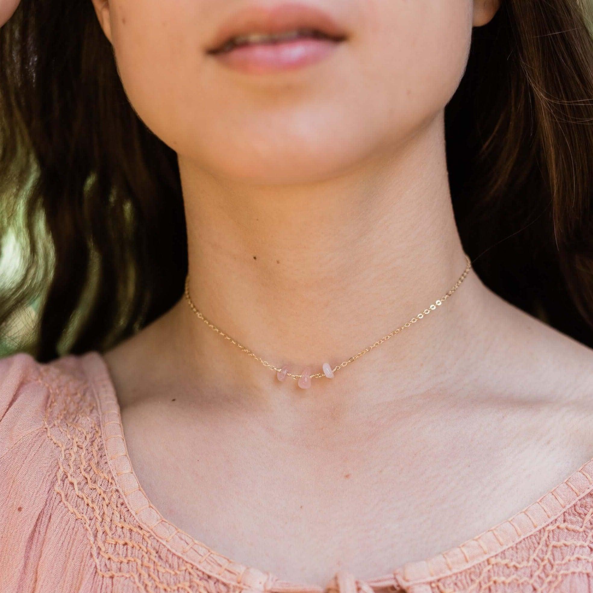 Rose Quartz Beaded Chain Choker Necklace - Rose Quartz Beaded Chain Choker Necklace - 14k Gold Fill - Luna Tide Handmade Crystal Jewellery