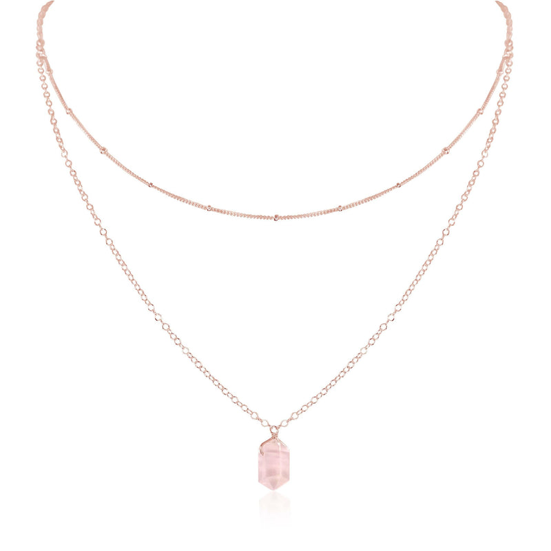 Double Terminated Crystal Layered Choker - Rose Quartz - 14K Rose Gold Fill - Luna Tide Handmade Jewellery