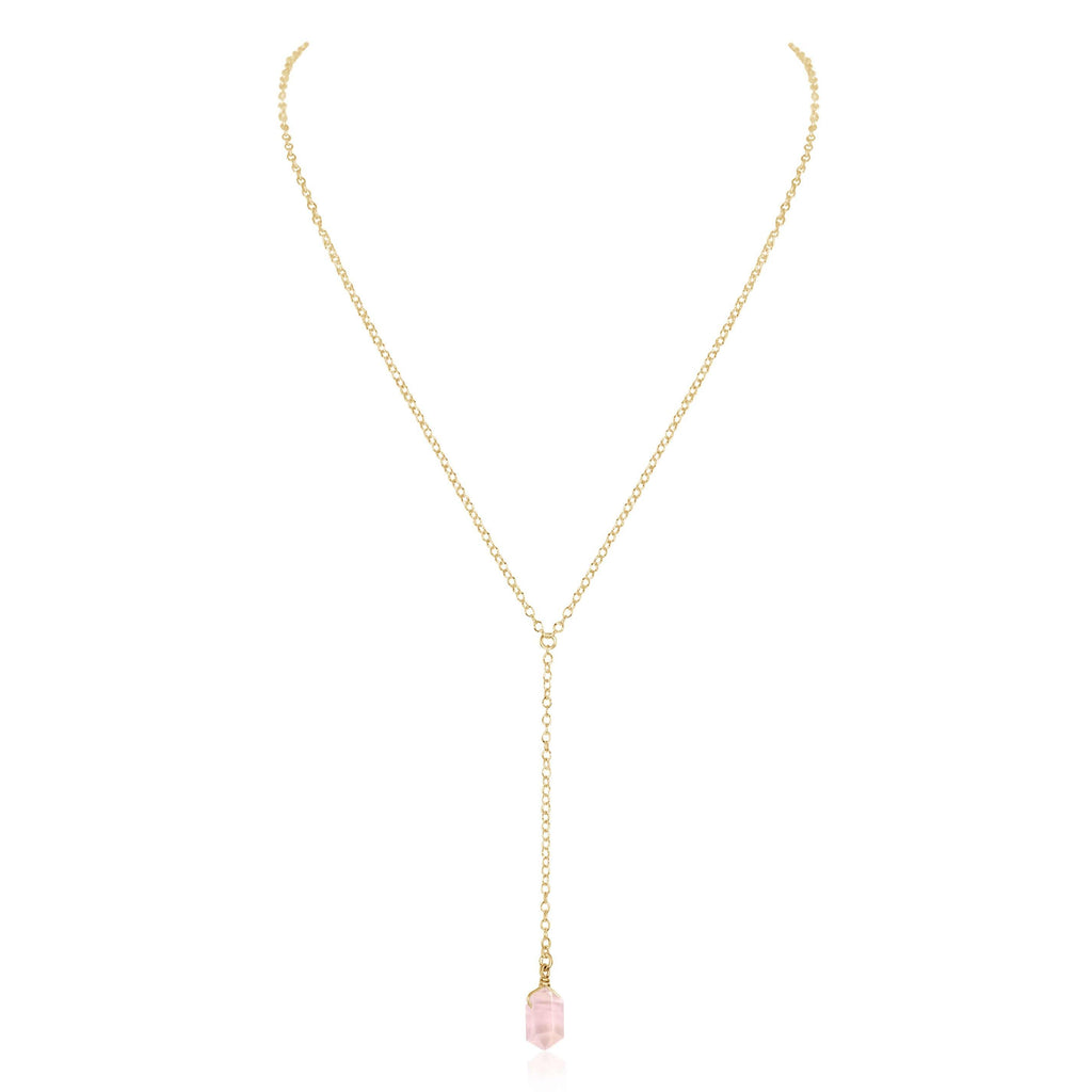 Rose Quartz Double Terminated Mini Crystal Point Lariat Necklace - Rose Quartz Double Terminated Mini Crystal Point Lariat Necklace - 14k Gold Fill - Luna Tide Handmade Crystal Jewellery
