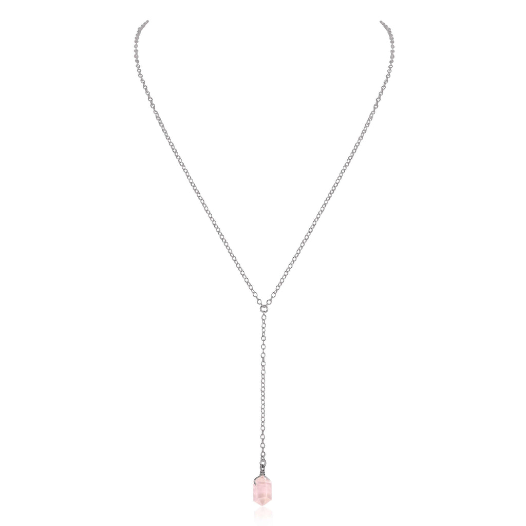 Rose Quartz Double Terminated Mini Crystal Point Lariat Necklace - Rose Quartz Double Terminated Mini Crystal Point Lariat Necklace - Stainless Steel - Luna Tide Handmade Crystal Jewellery