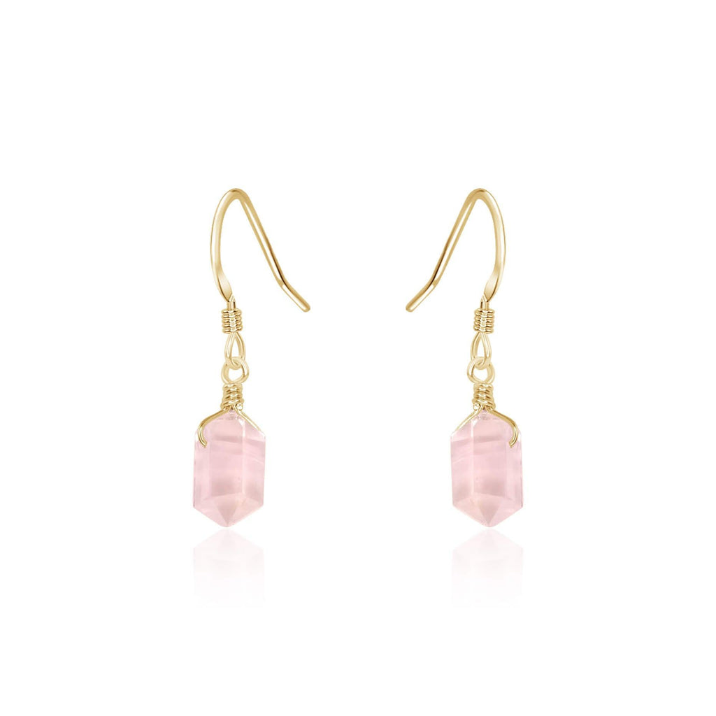 Rose Quartz Mini Double Terminated Crystal Point Dangle Drop Earrings - Rose Quartz Mini Double Terminated Crystal Point Dangle Drop Earrings - 14k Gold Fill - Luna Tide Handmade Crystal Jewellery