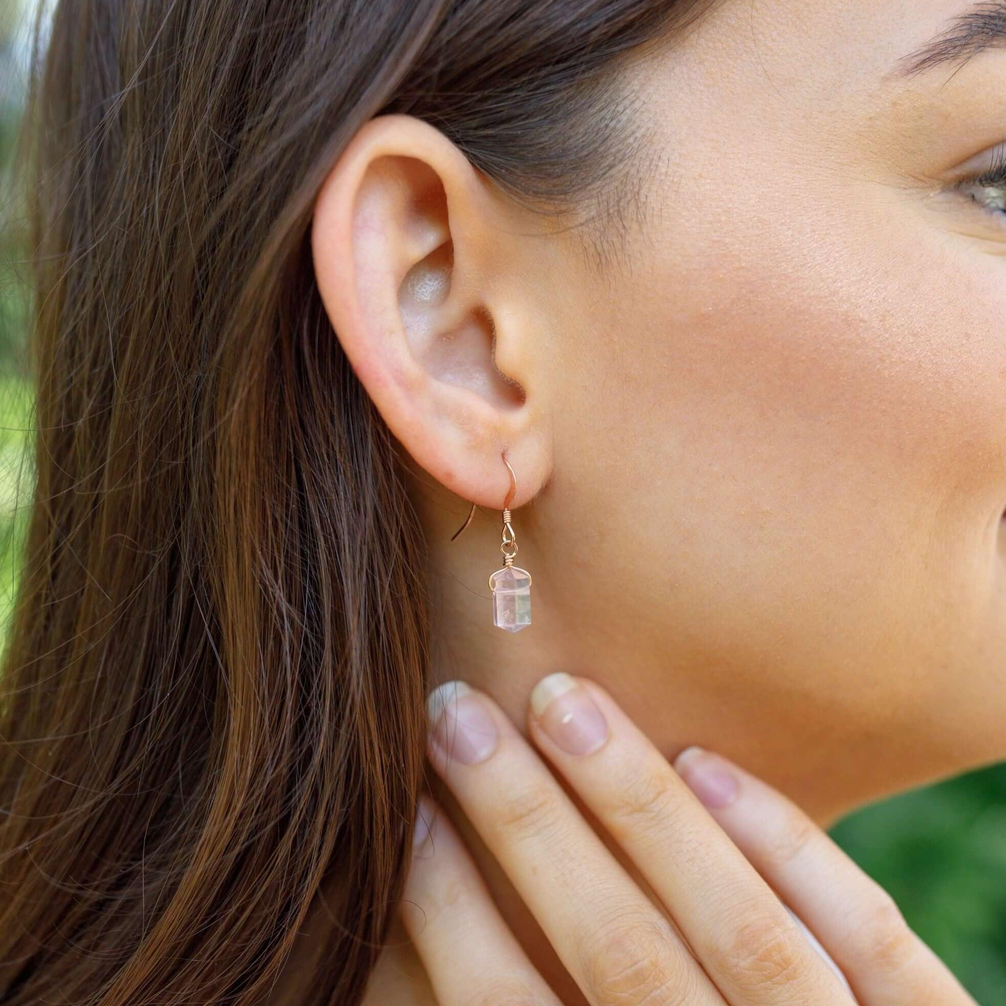 Rose Quartz Mini Double Terminated Crystal Point Dangle Drop Earrings - Rose Quartz Mini Double Terminated Crystal Point Dangle Drop Earrings - 14k Gold Fill - Luna Tide Handmade Crystal Jewellery