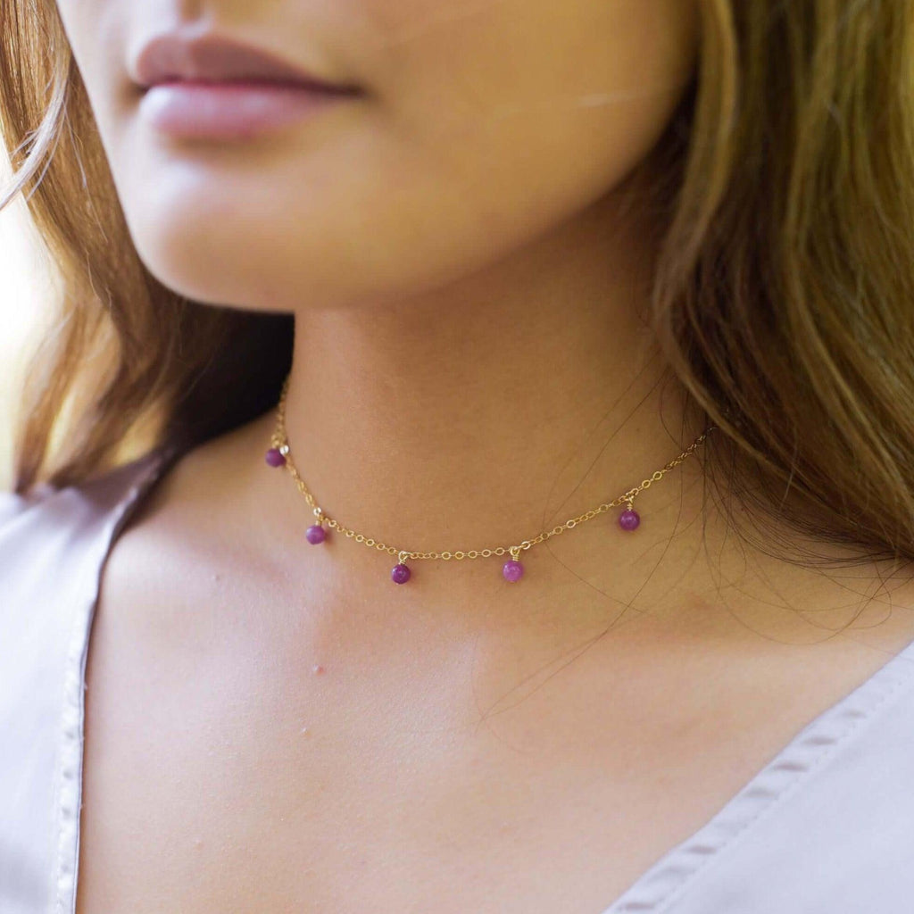 Ruby Bead Drop Choker - Ruby Bead Drop Choker - 14k Gold Fill - Luna Tide Handmade Crystal Jewellery