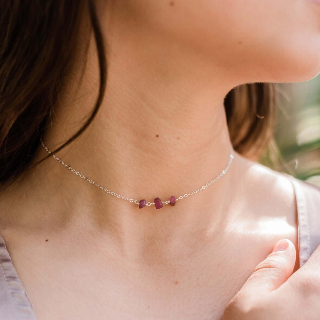 Ruby Beaded Chain Choker Necklace - Ruby Beaded Chain Choker Necklace - Sterling Silver - Luna Tide Handmade Crystal Jewellery