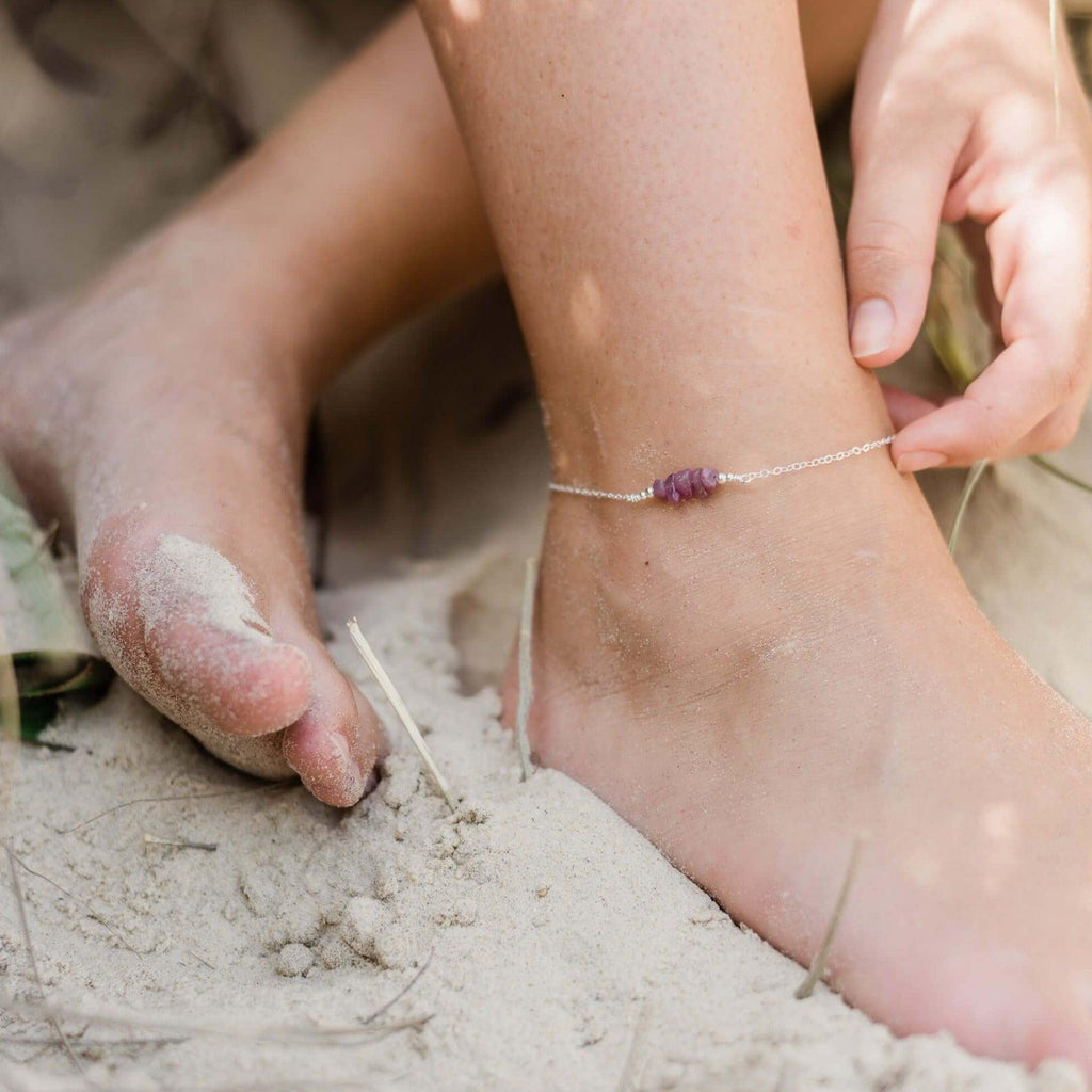 Ruby Chip Bead Bar Anklet - Ruby Chip Bead Bar Anklet - Sterling Silver - Luna Tide Handmade Crystal Jewellery