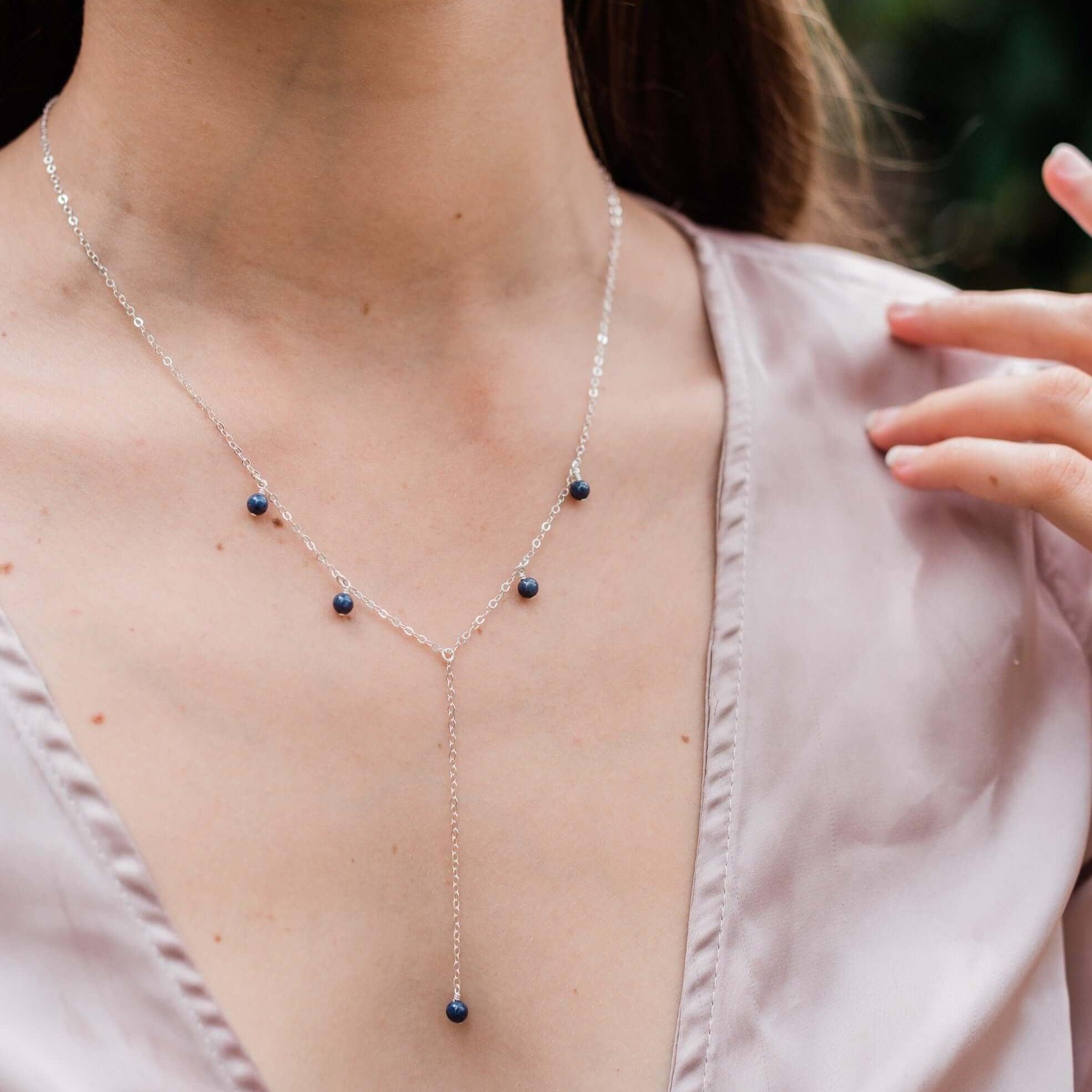 Sapphire Boho Lariat Necklace - Sapphire Boho Lariat Necklace - Sterling Silver - Luna Tide Handmade Crystal Jewellery