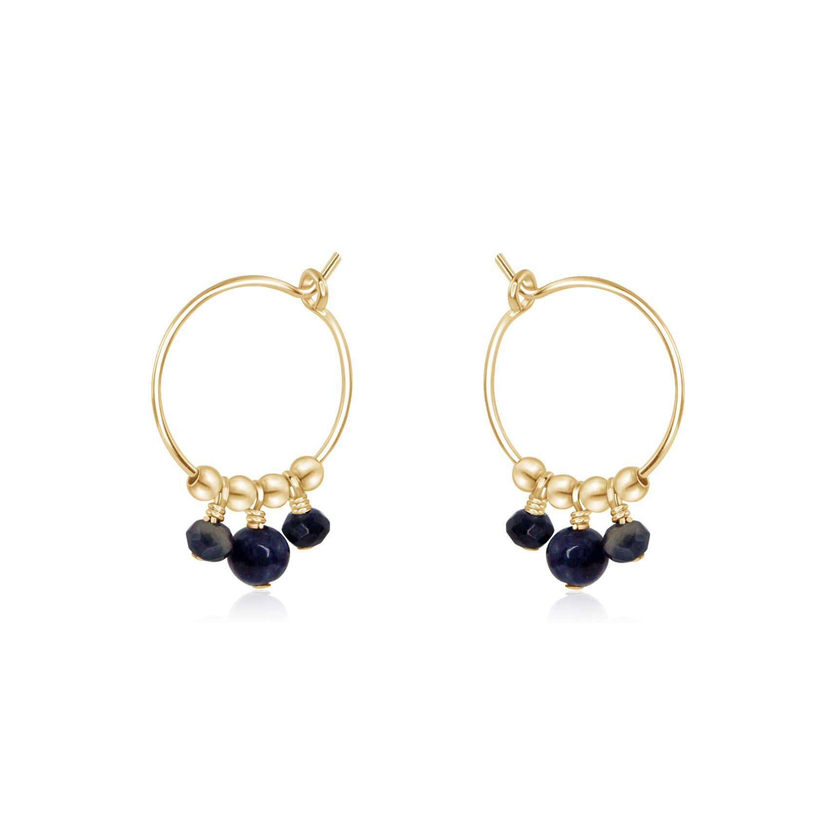 Sapphire Gemstone Bead Drop Hoop Earrings - Sapphire Gemstone Bead Drop Hoop Earrings - 14k Gold Fill - Luna Tide Handmade Crystal Jewellery
