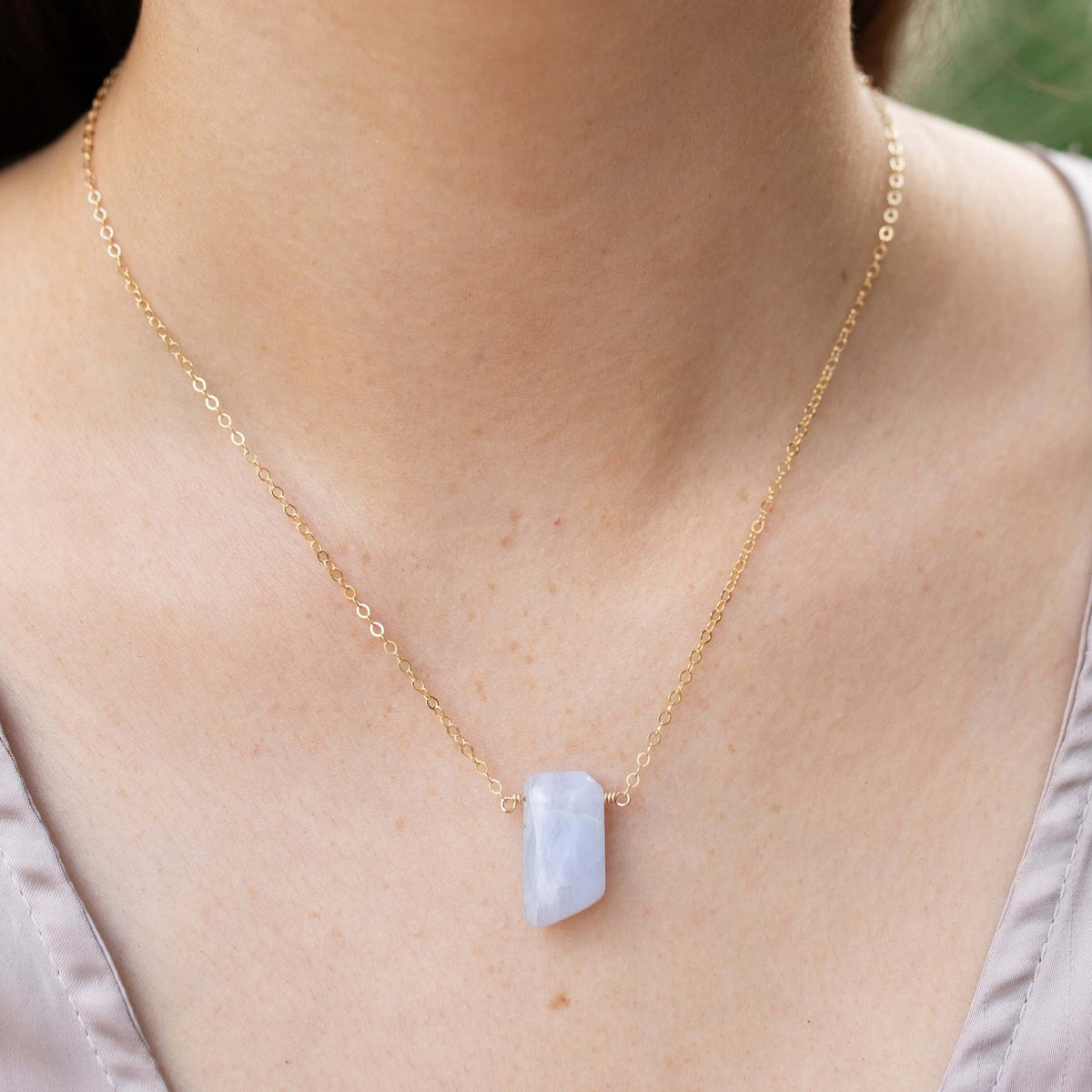Small Smooth Slab Point Necklace - Blue Lace Agate - 14K Gold Fill - Luna Tide Handmade Jewellery