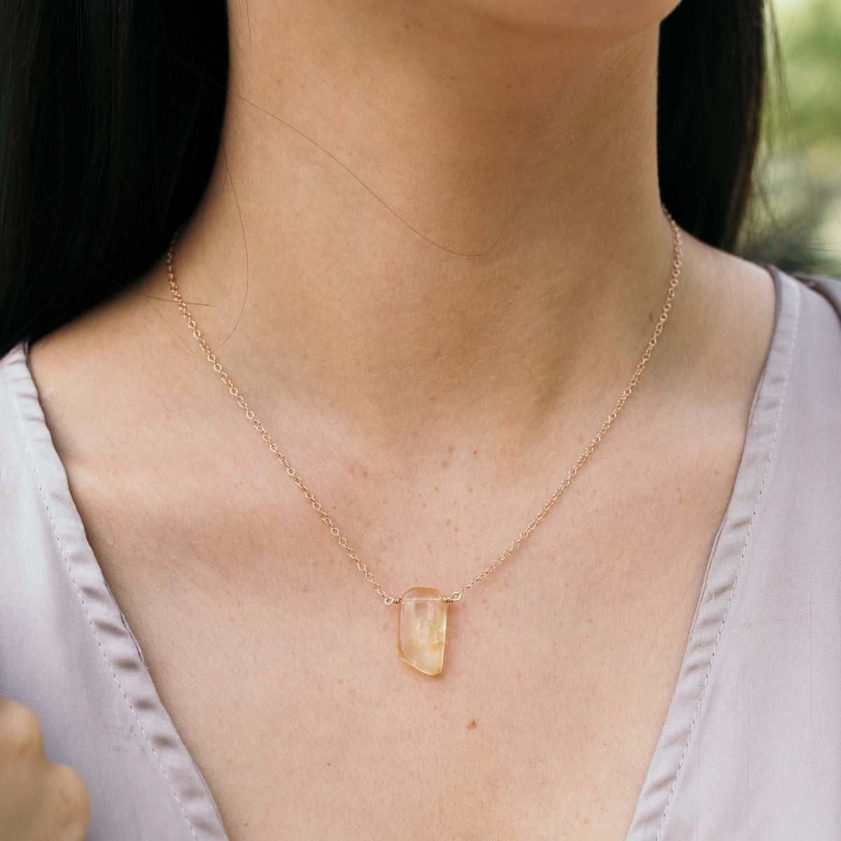 Small Smooth Slab Point Necklace - Citrine - 14K Rose Gold Fill - Luna Tide Handmade Jewellery