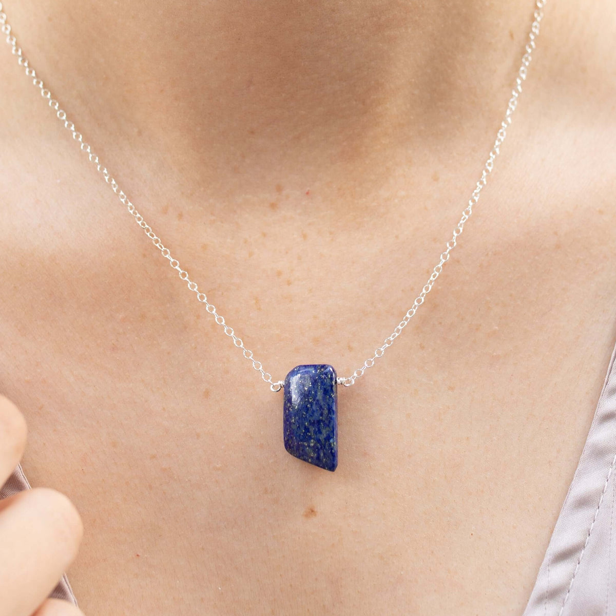 Small Smooth Slab Point Necklace - Lapis Lazuli - Sterling Silver - Luna Tide Handmade Jewellery