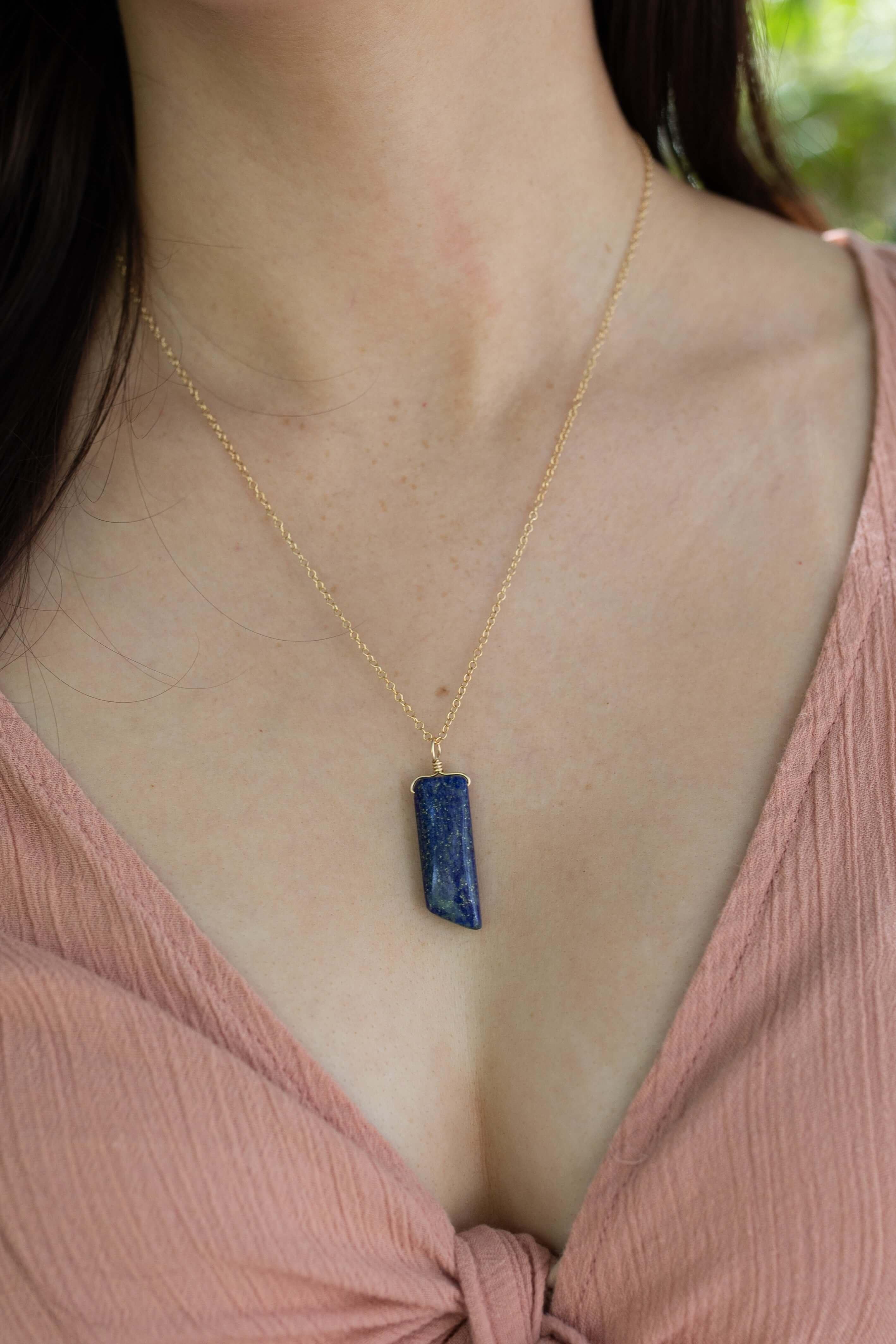 Smooth Blue Lapis Lazuli Natural Point Crystal Necklace - Smooth Blue Lapis Lazuli Natural Point Crystal Necklace - Sterling Silver / Cable - Luna Tide Handmade Crystal Jewellery