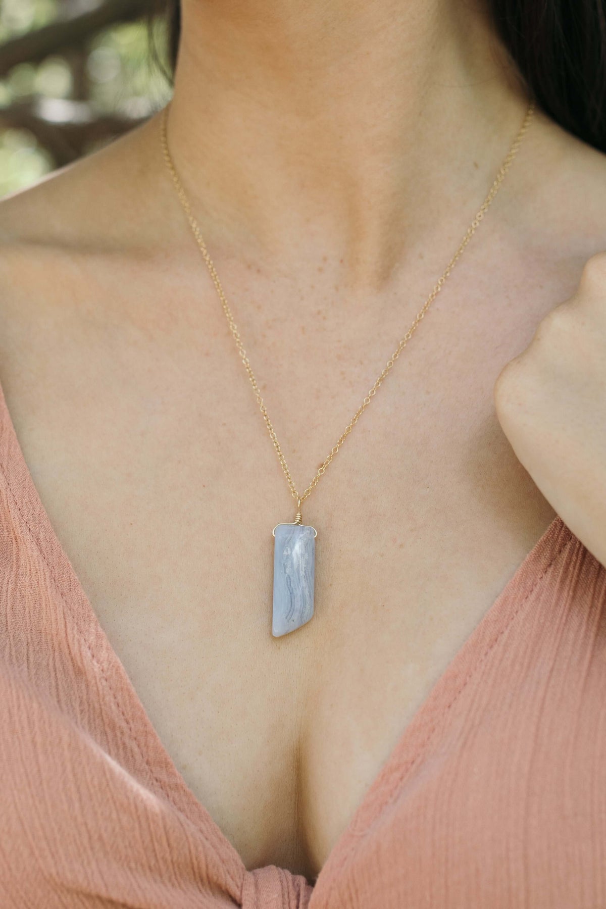 Smooth Point Pendant Necklace - Blue Lace Agate - 14K Gold Fill - Luna Tide Handmade Jewellery