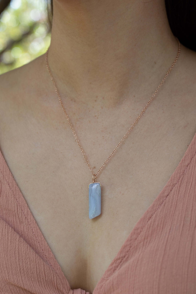 Smooth Point Pendant Necklace - Blue Lace Agate - 14K Rose Gold Fill - Luna Tide Handmade Jewellery