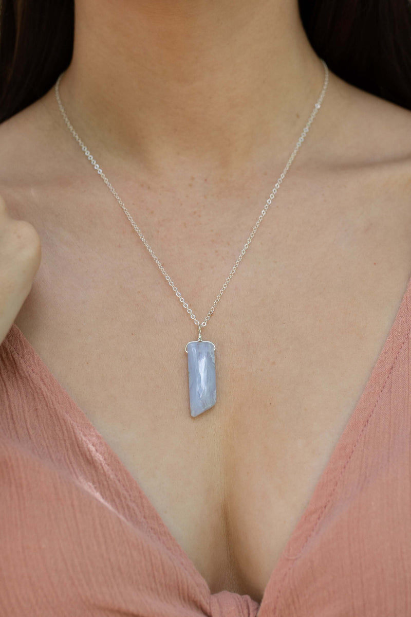 Smooth Point Pendant Necklace - Blue Lace Agate - Sterling Silver - Luna Tide Handmade Jewellery