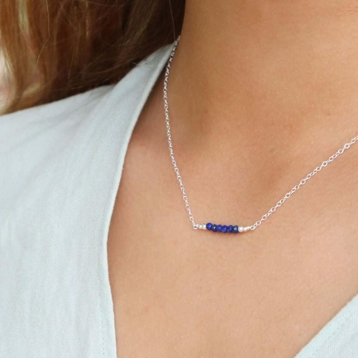 Sparkling Blue Lapis Lazuli Faceted Bead Bar Necklace - Sparkling Blue Lapis Lazuli Faceted Bead Bar Necklace - Sterling Silver - Luna Tide Handmade Crystal Jewellery
