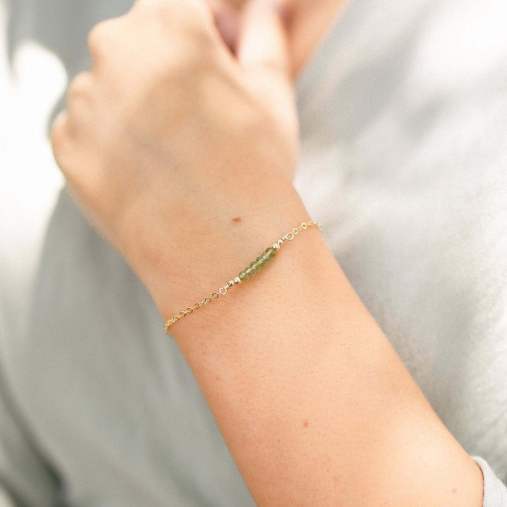 Sparkling Green Peridot Gemstone Faceted Bead Bar Bracelet - Sparkling Green Peridot Gemstone Faceted Bead Bar Bracelet - Sterling Silver - Luna Tide Handmade Crystal Jewellery