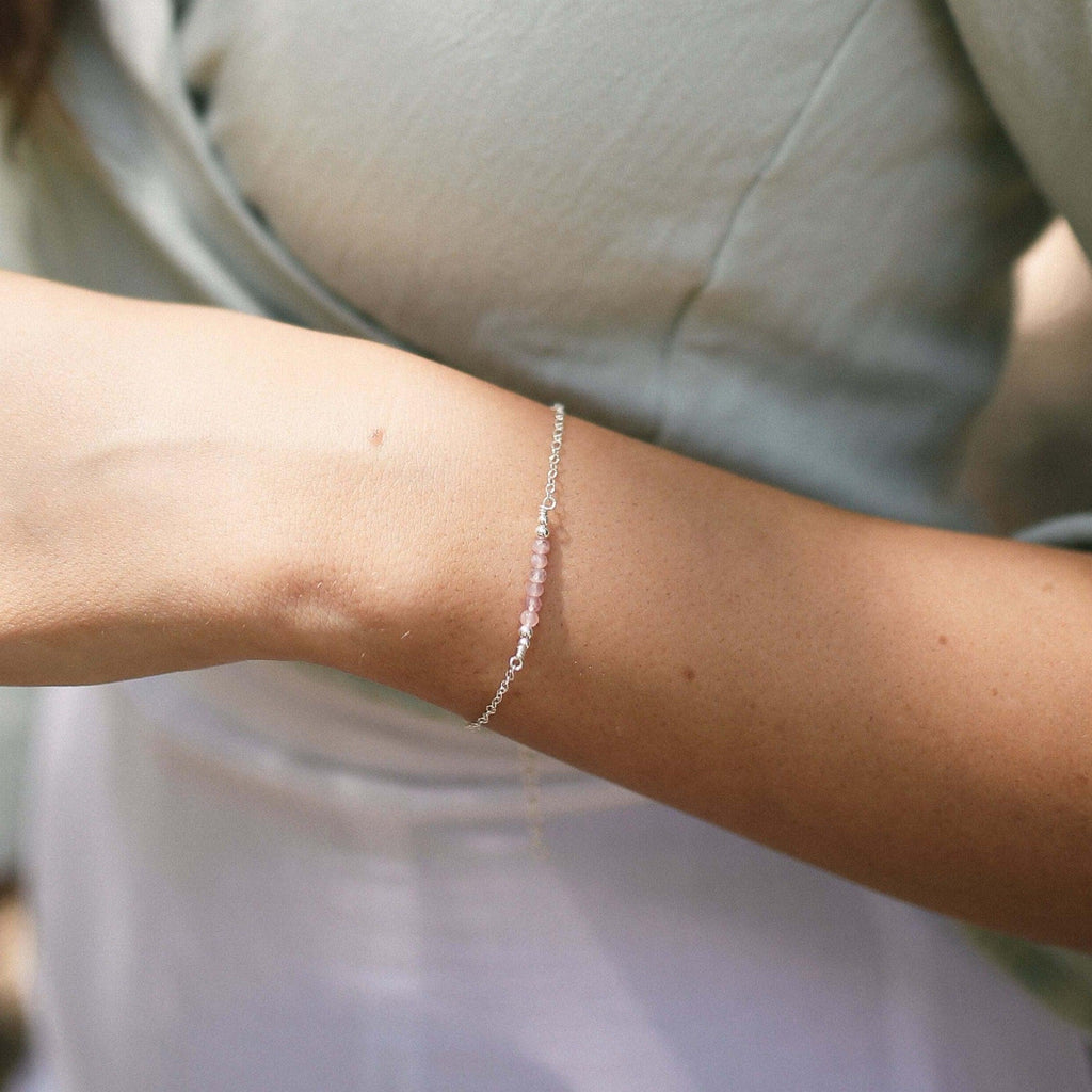 Sparkling Pink Rose Quartz Gemstone Faceted Bead Bar Bracelet - Sparkling Pink Rose Quartz Gemstone Faceted Bead Bar Bracelet - Sterling Silver - Luna Tide Handmade Crystal Jewellery