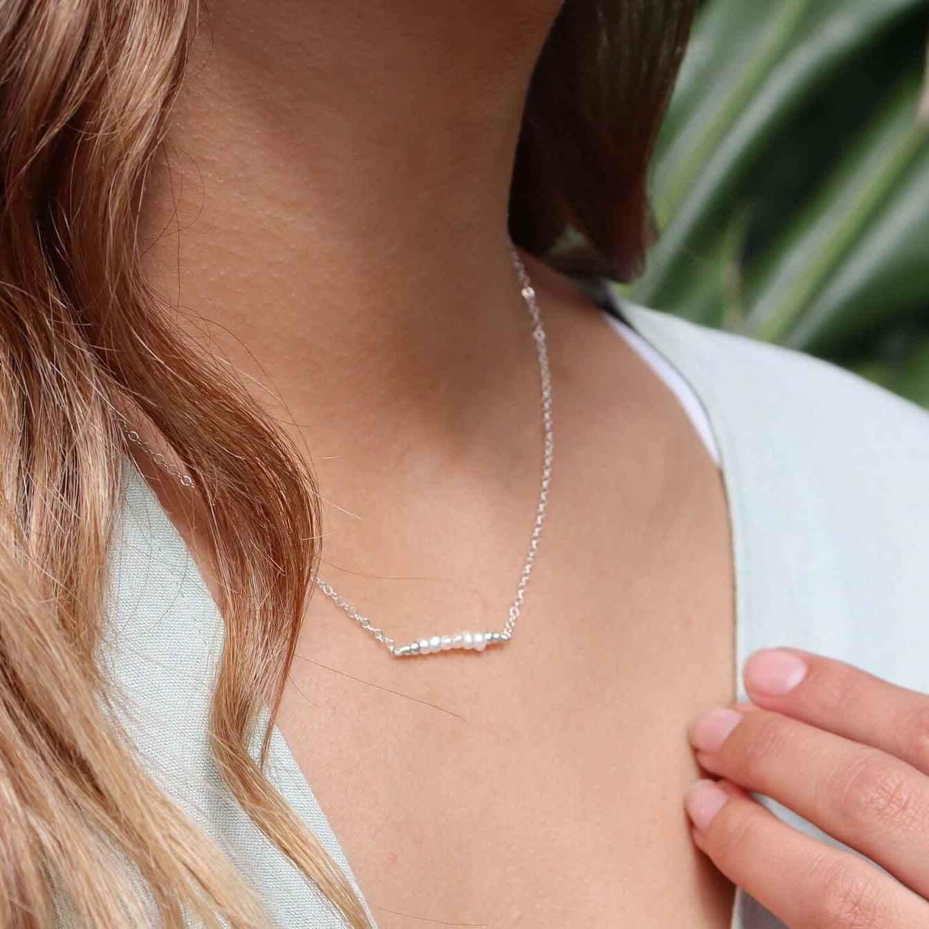 Sparkling White Freshwater Pearl Tiny Bead Bar Necklace - Sparkling White Freshwater Pearl Tiny Bead Bar Necklace - 14k Gold Fill - Luna Tide Handmade Crystal Jewellery