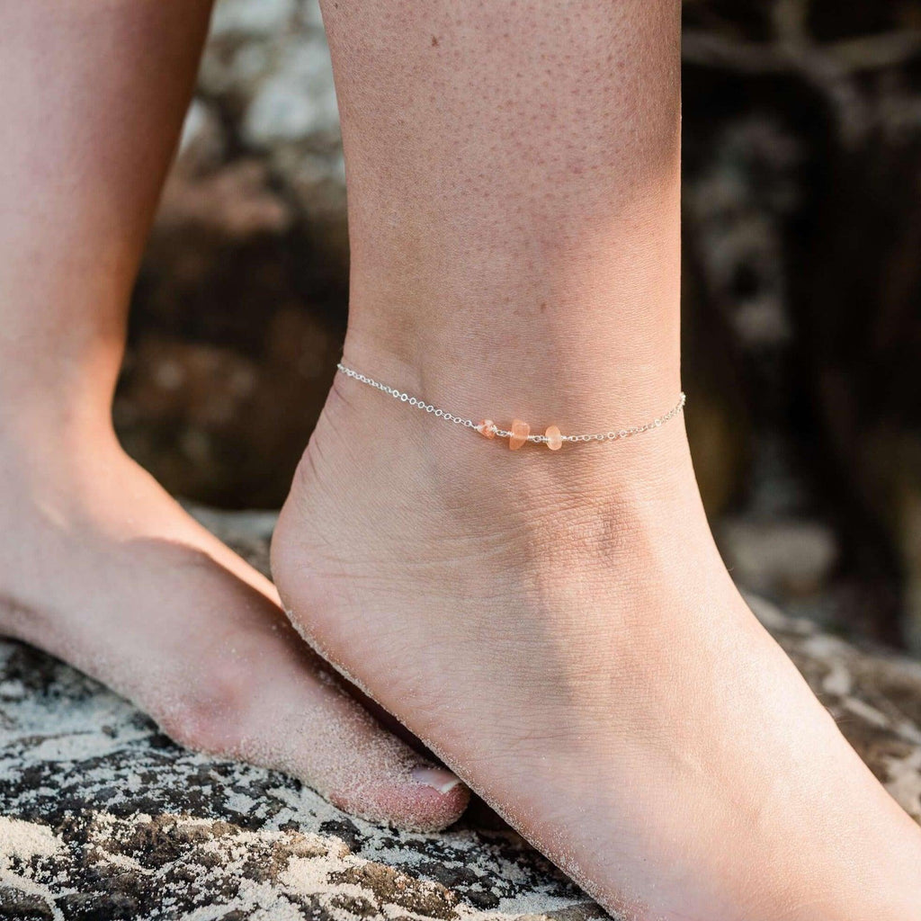 Sunstone Beaded Chain Anklet - Sunstone Beaded Chain Anklet - Sterling Silver - Luna Tide Handmade Crystal Jewellery