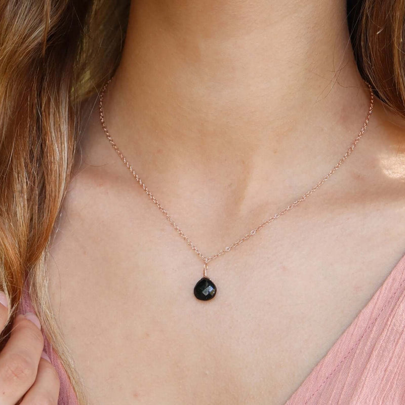 Teardrop Necklace - Black Tourmaline - 14K Rose Gold Fill - Luna Tide Handmade Jewellery