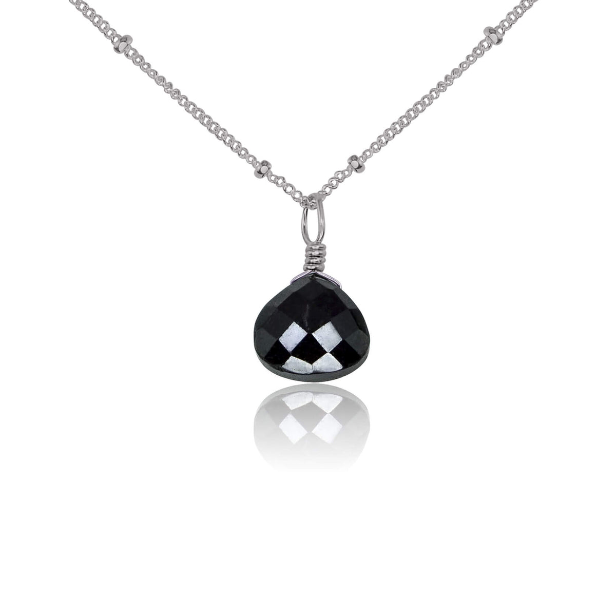 Teardrop Necklace - Black Tourmaline - Stainless Steel Satellite - Luna Tide Handmade Jewellery