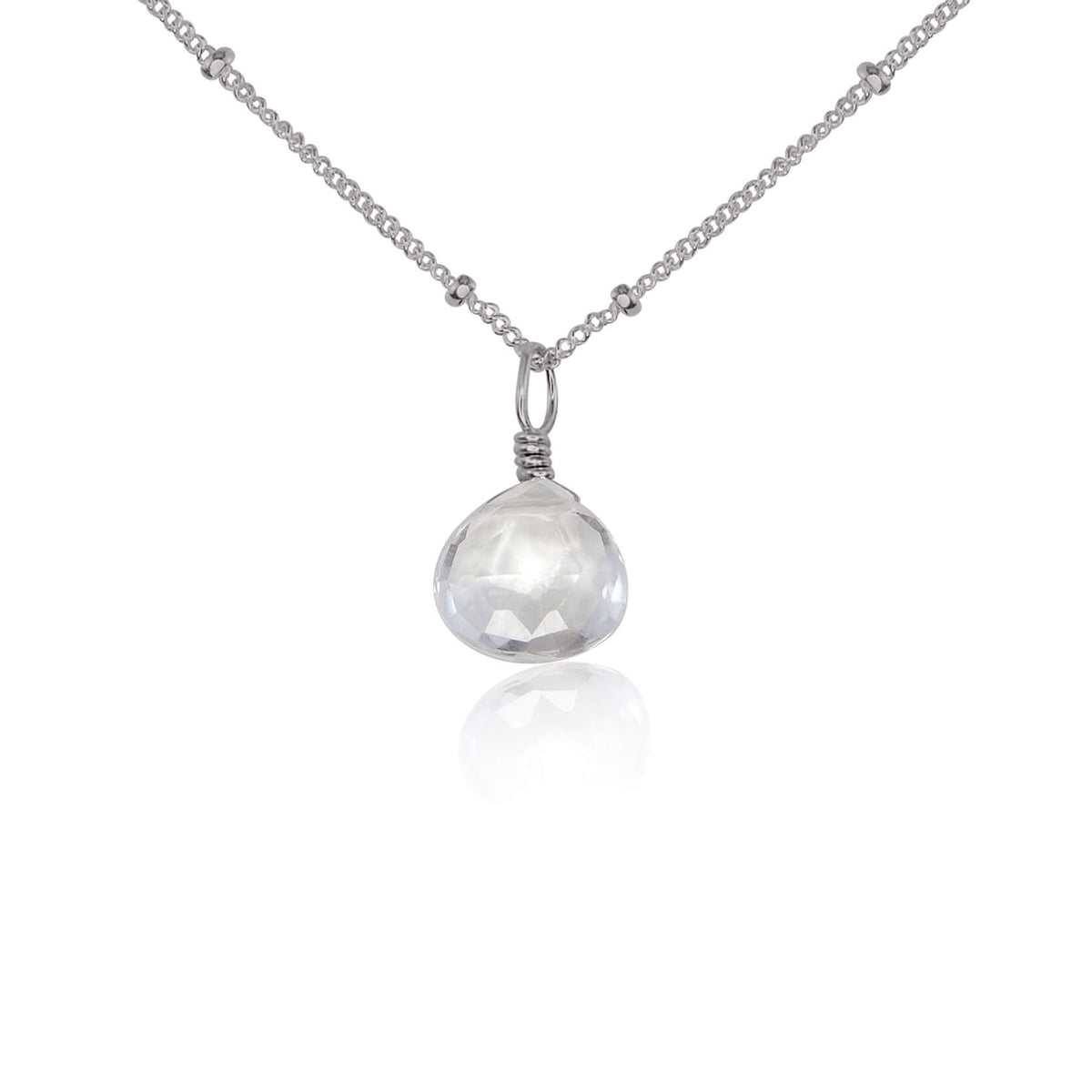 Teardrop Necklace - Crystal Quartz - Stainless Steel Satellite - Luna Tide Handmade Jewellery