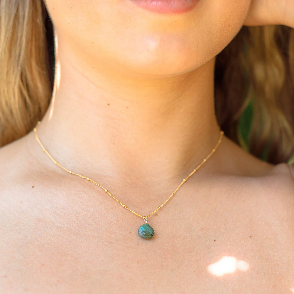 Teardrop Necklace - Emerald - 14K Gold Fill Satellite - Luna Tide Handmade Jewellery