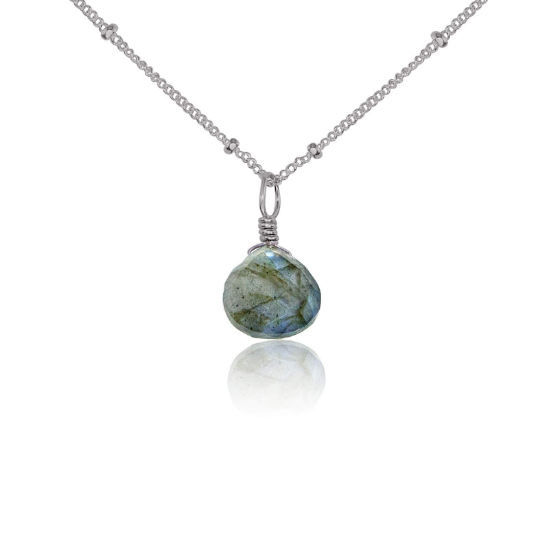 Teardrop Necklace - Labradorite - Stainless Steel Satellite - Luna Tide Handmade Jewellery