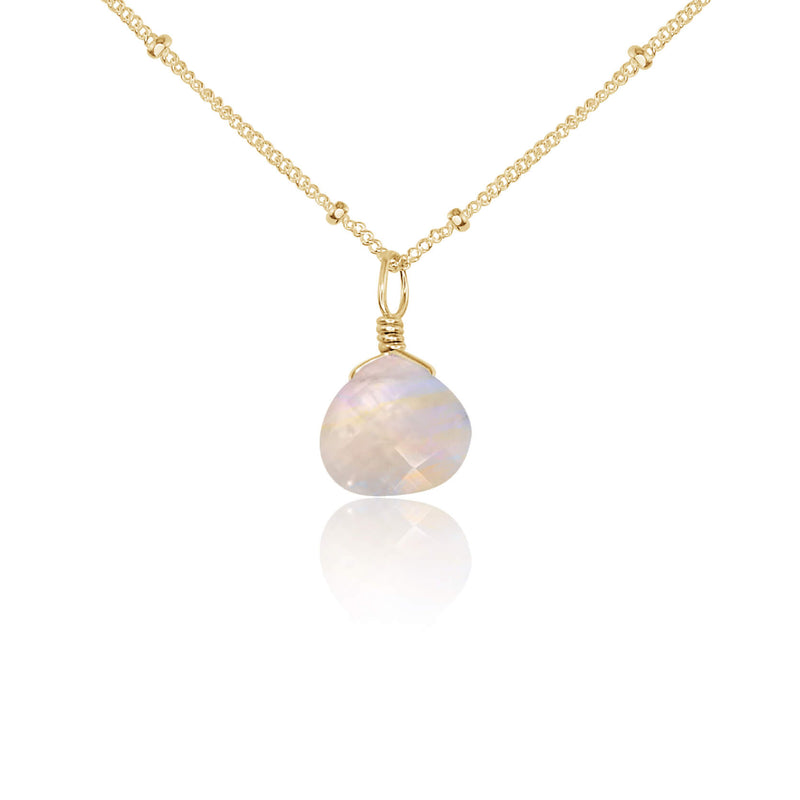 Teardrop Necklace - Rainbow Moonstone - 14K Gold Fill Satellite - Luna Tide Handmade Jewellery