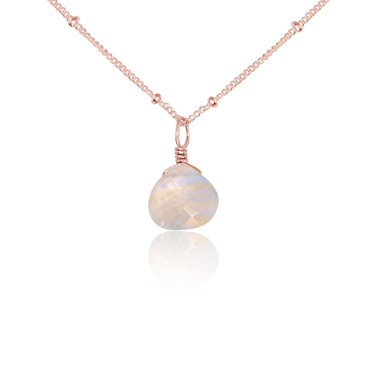 Teardrop Necklace - Rainbow Moonstone - 14K Rose Gold Fill Satellite - Luna Tide Handmade Jewellery