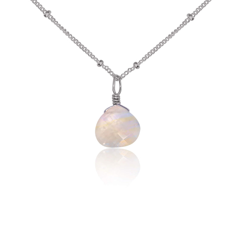 Teardrop Necklace - Rainbow Moonstone - Stainless Steel Satellite - Luna Tide Handmade Jewellery