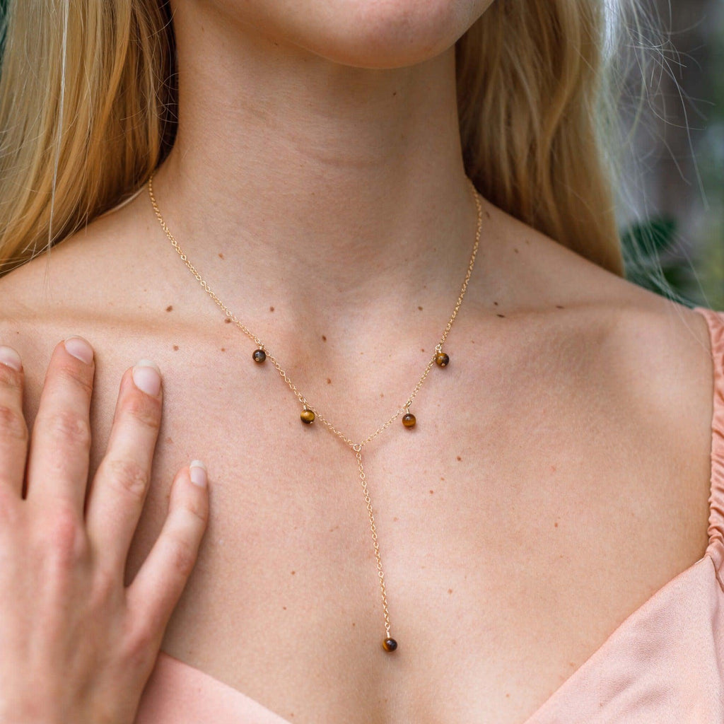 Tiger's Eye Crystal Boho Lariat Necklace - Tiger's Eye Crystal Boho Lariat Necklace - 14k Gold Fill - Luna Tide Handmade Crystal Jewellery