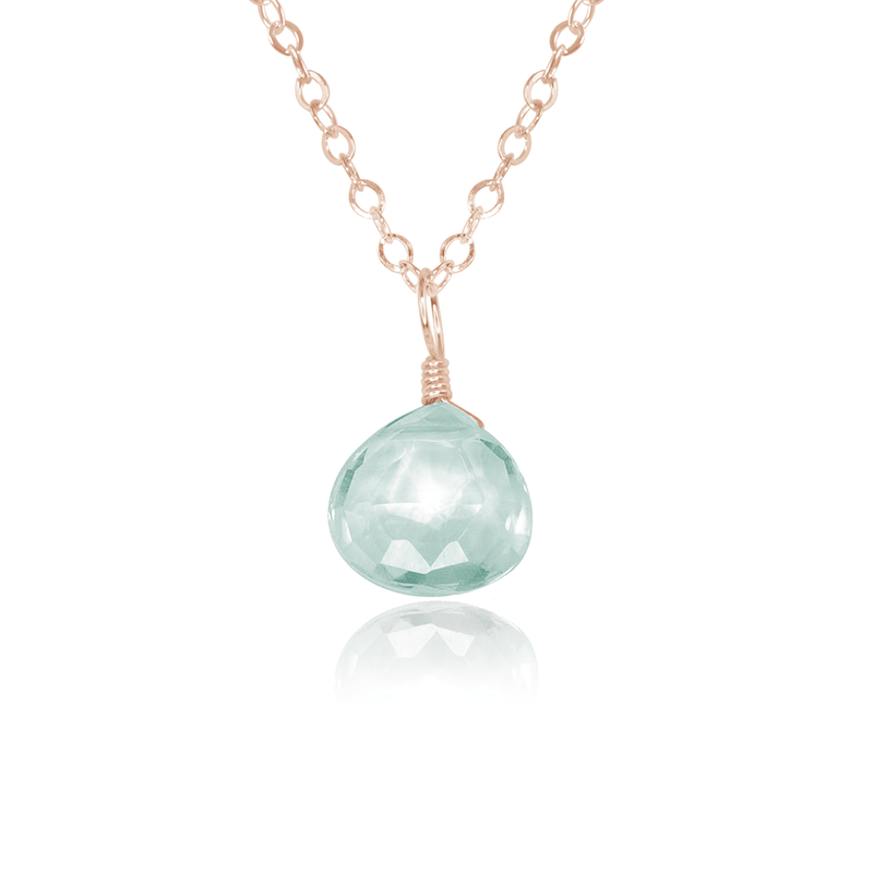 Tiny Aquamarine Teardrop Necklace - Tiny Aquamarine Teardrop Necklace - 14k Rose Gold Fill / Cable - Luna Tide Handmade Crystal Jewellery