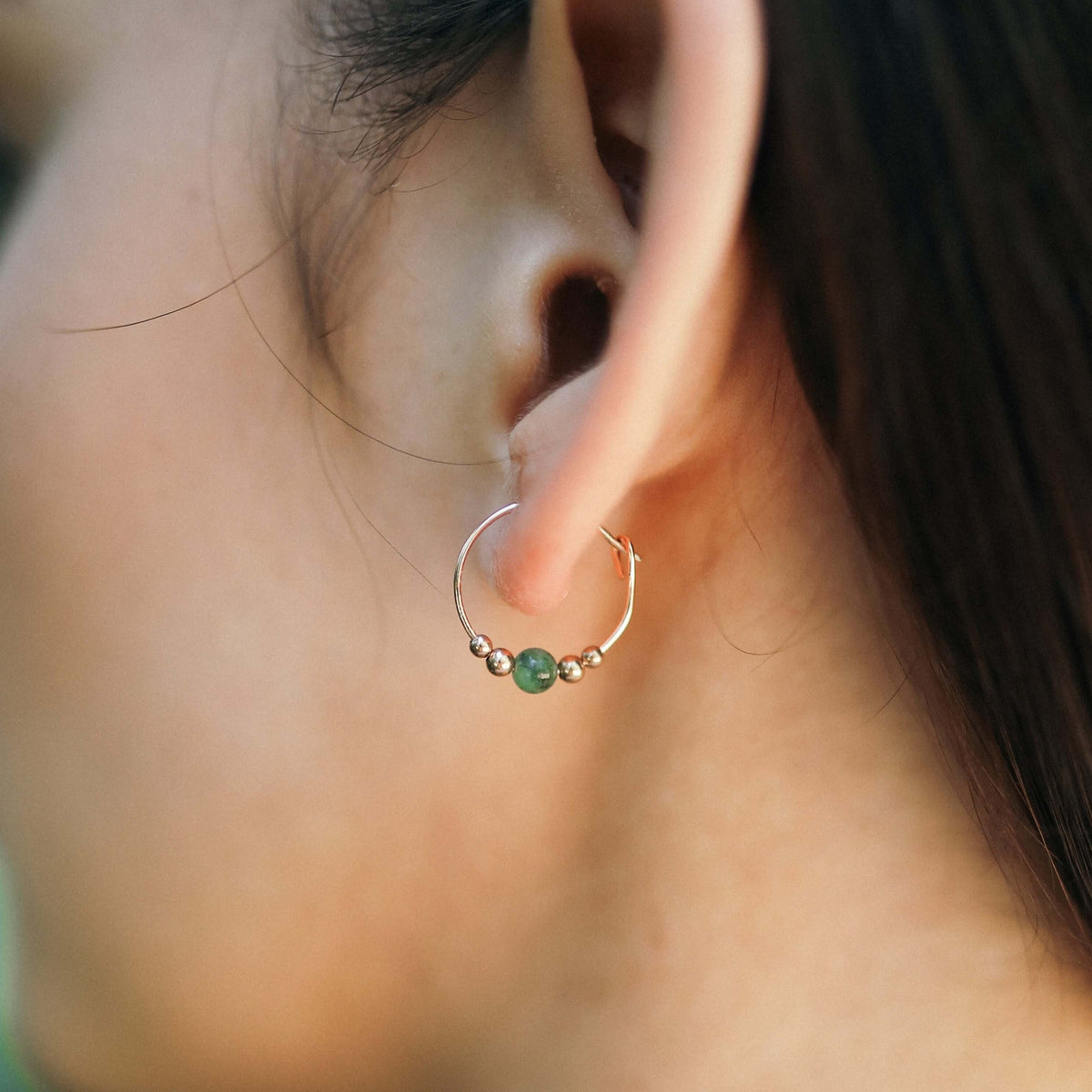 Tiny Bead Hoops - Emerald - 14K Rose Gold Fill - Luna Tide Handmade Jewellery