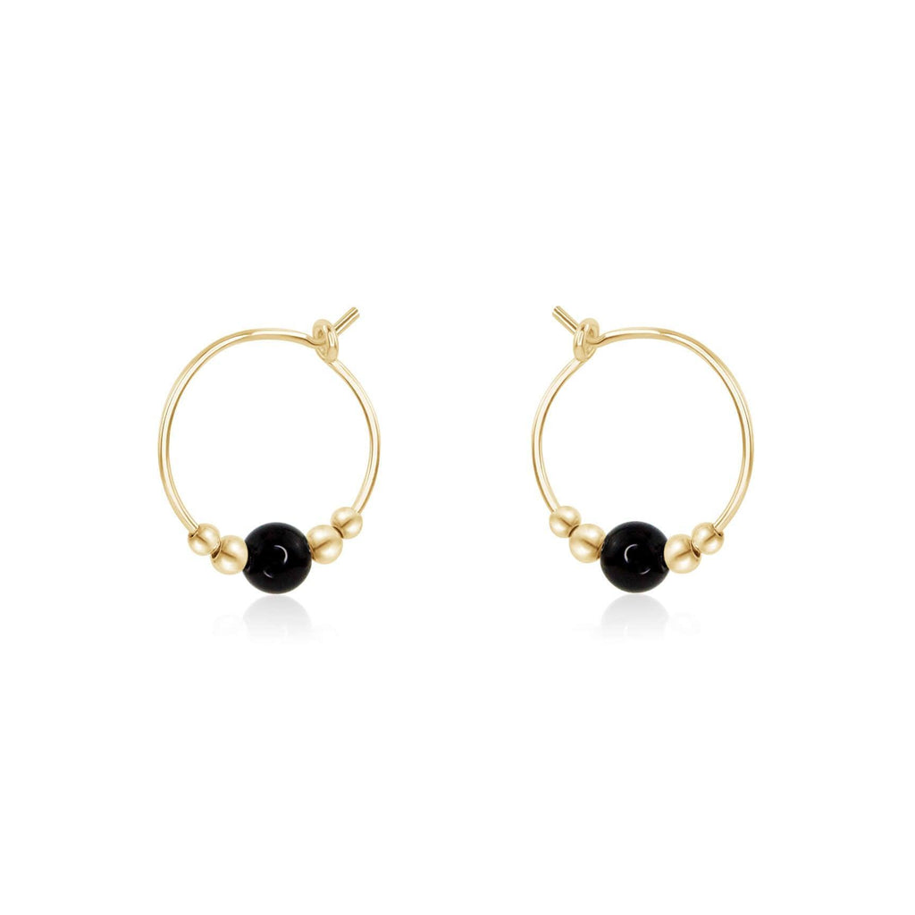 Tiny Black Onyx Bead Hoop Earrings - Tiny Black Onyx Bead Hoop Earrings - 14k Gold Fill - Luna Tide Handmade Crystal Jewellery
