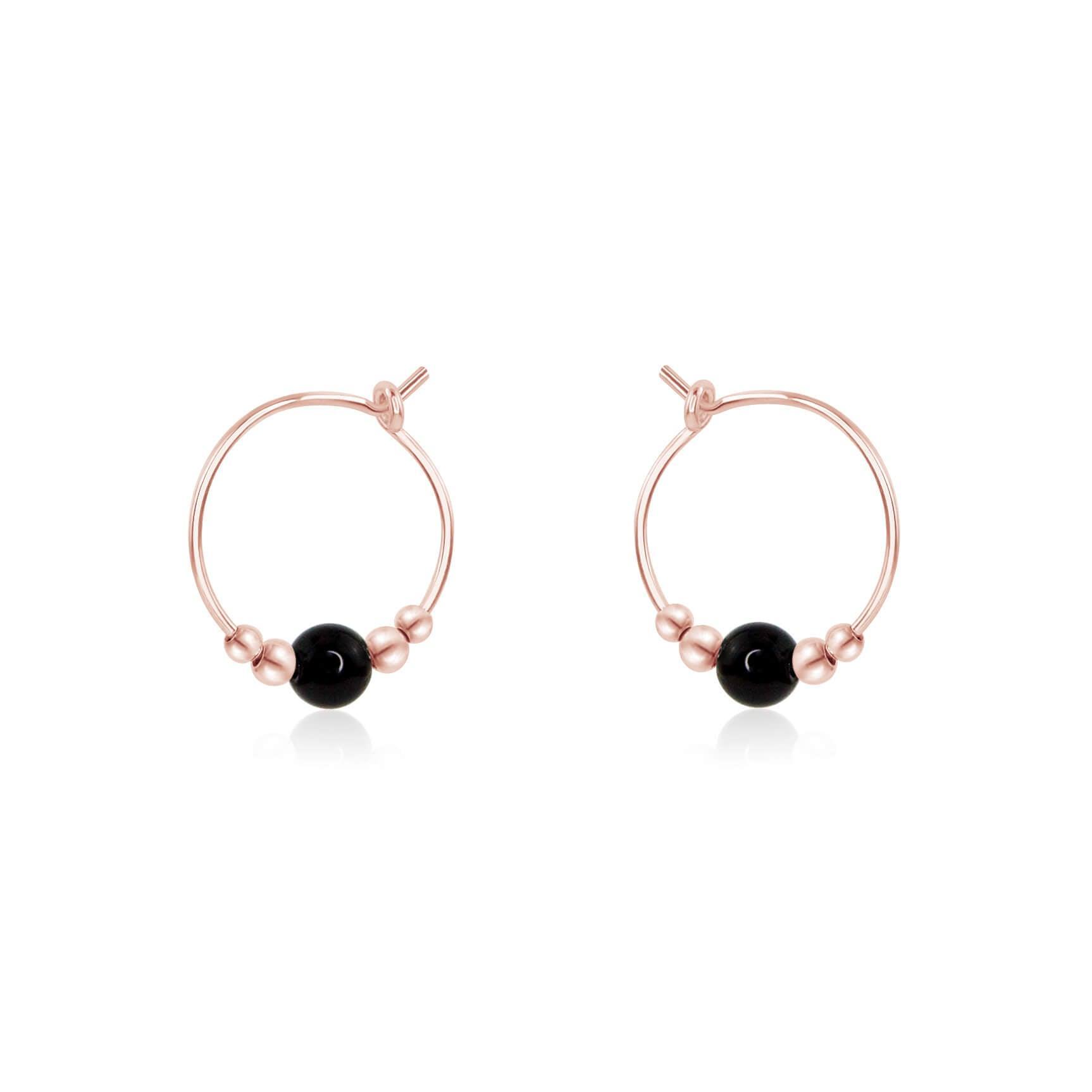 Tiny Black Tourmaline Bead Hoop Earrings - Tiny Black Tourmaline Bead Hoop Earrings - 14k Rose Gold Fill - Luna Tide Handmade Crystal Jewellery