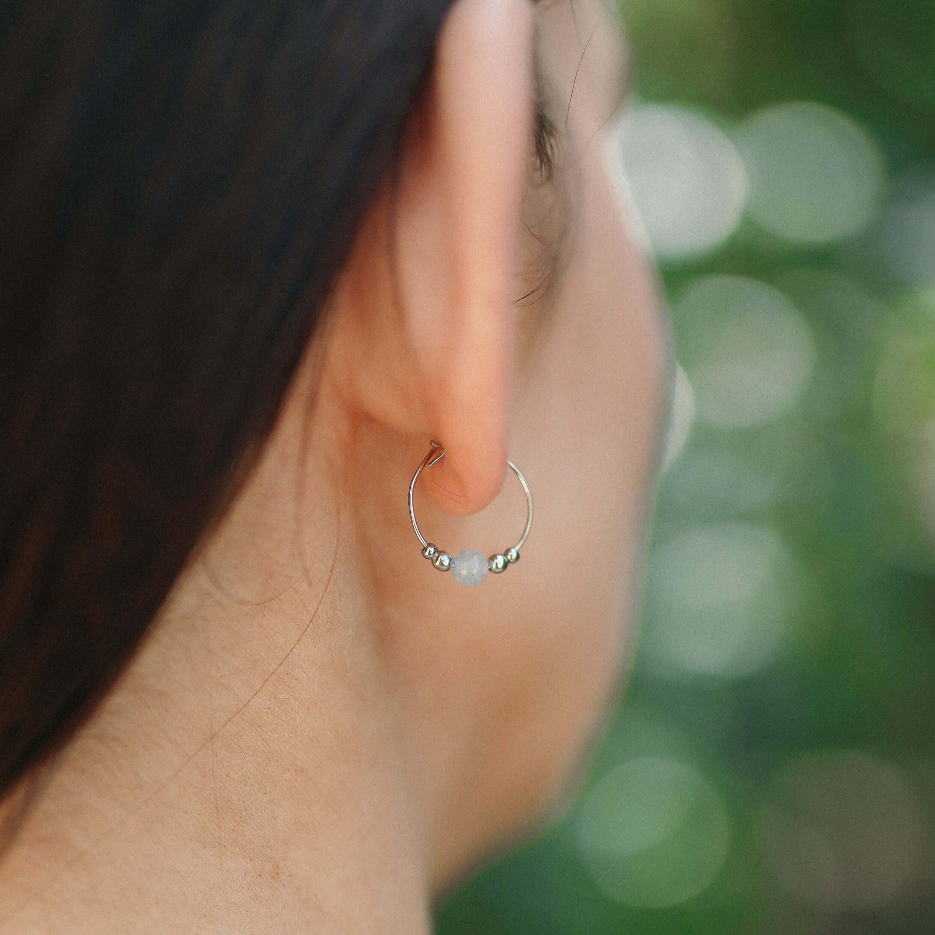 Tiny Blue Aquamarine Bead Hoop Earrings - Tiny Blue Aquamarine Bead Hoop Earrings - 14k Gold Fill - Luna Tide Handmade Crystal Jewellery