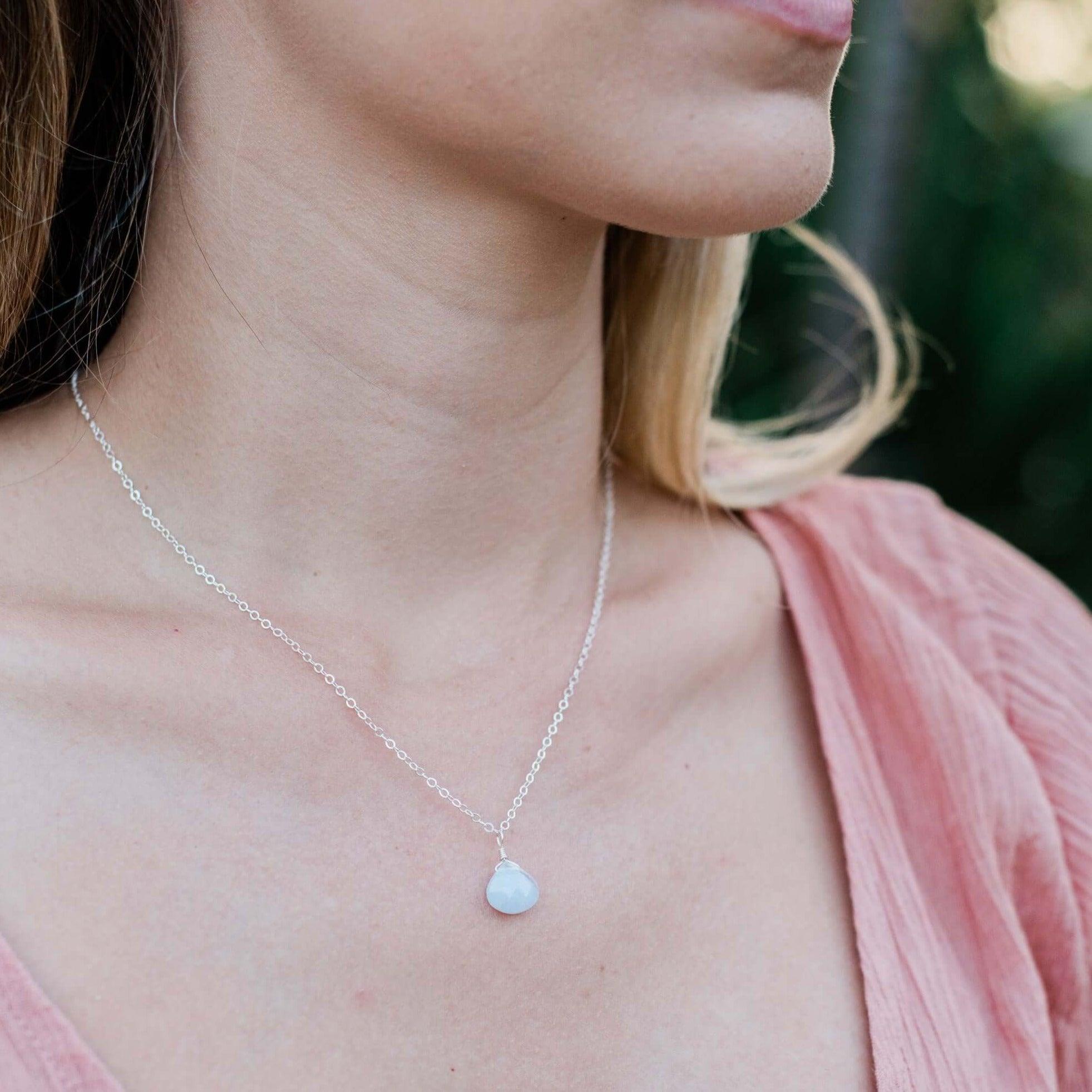 Tiny Blue Lace Agate Teardrop Crystal Necklace - Tiny Blue Lace Agate Teardrop Crystal Necklace - Sterling Silver / Cable - Luna Tide Handmade Crystal Jewellery