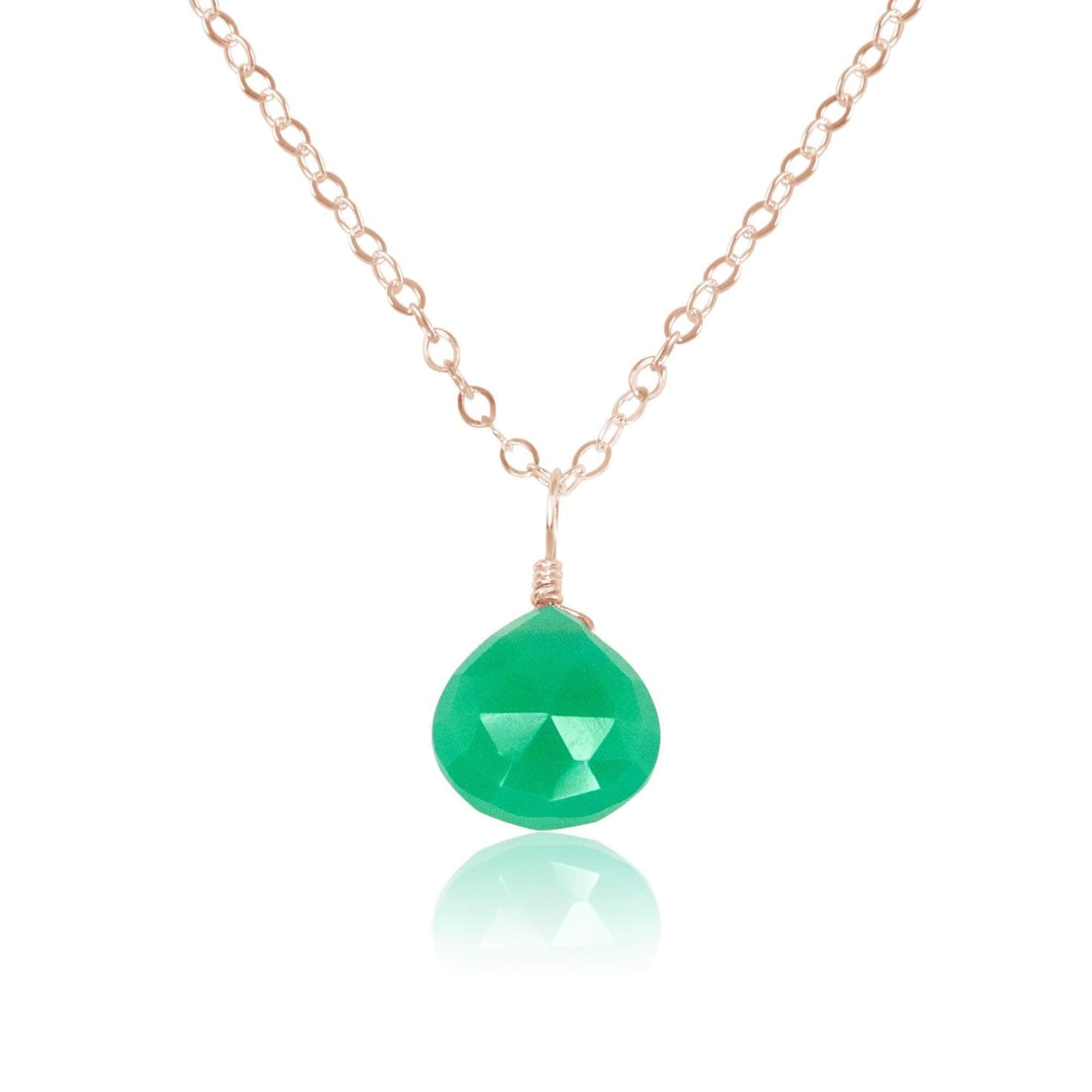 Tiny Chrysoprase Teardrop Crystal Necklace - Tiny Chrysoprase Teardrop Crystal Necklace - 14k Rose Gold Fill / Cable - Luna Tide Handmade Crystal Jewellery