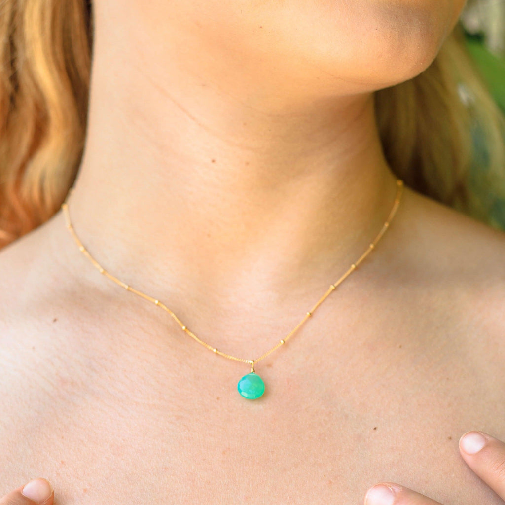 Tiny Chrysoprase Teardrop Crystal Necklace - Tiny Chrysoprase Teardrop Crystal Necklace - Sterling Silver / Cable - Luna Tide Handmade Crystal Jewellery