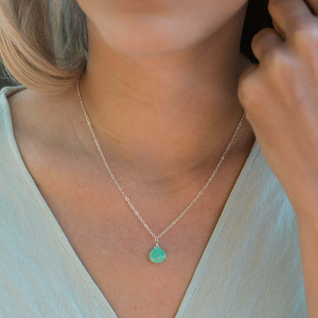 Tiny Chrysoprase Teardrop Crystal Necklace - Tiny Chrysoprase Teardrop Crystal Necklace - Sterling Silver / Cable - Luna Tide Handmade Crystal Jewellery