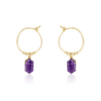 Tiny Double Terminated Crystal Hoop Dangle Earrings - Amethyst - 14K Gold Fill - Luna Tide Handmade Jewellery