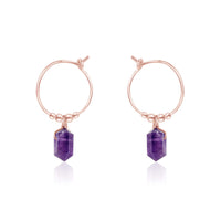 Tiny Double Terminated Crystal Hoop Dangle Earrings - Amethyst - 14K Rose Gold Fill - Luna Tide Handmade Jewellery
