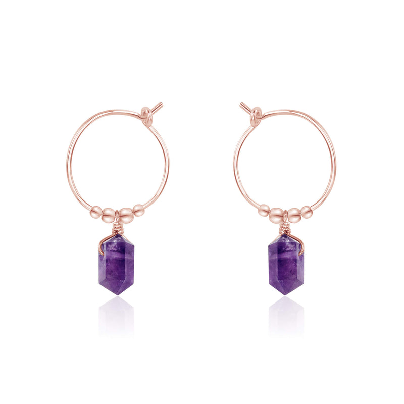 Tiny Double Terminated Crystal Hoop Dangle Earrings - Amethyst - 14K Rose Gold Fill - Luna Tide Handmade Jewellery