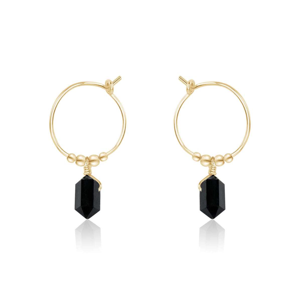 Tiny Double Terminated Crystal Hoop Dangle Earrings - Black Tourmaline - 14K Gold Fill - Luna Tide Handmade Jewellery