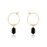 Tiny Double Terminated Crystal Hoop Dangle Earrings - Black Tourmaline - 14K Gold Fill - Luna Tide Handmade Jewellery