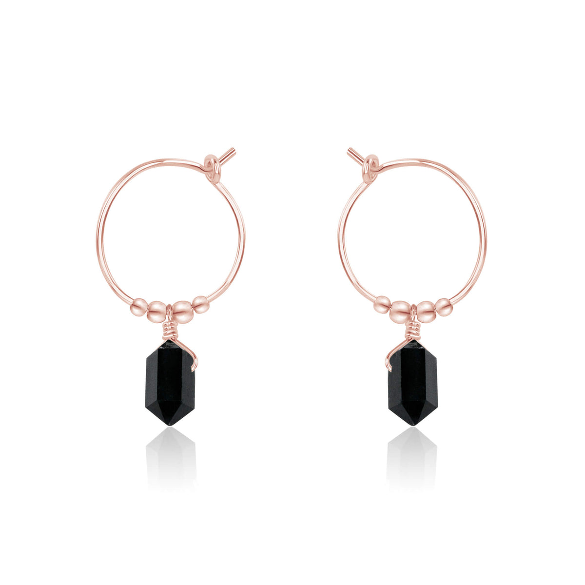 Tiny Double Terminated Crystal Hoop Dangle Earrings - Black Tourmaline - 14K Rose Gold Fill - Luna Tide Handmade Jewellery