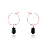 Tiny Double Terminated Crystal Hoop Dangle Earrings - Black Tourmaline - 14K Rose Gold Fill - Luna Tide Handmade Jewellery