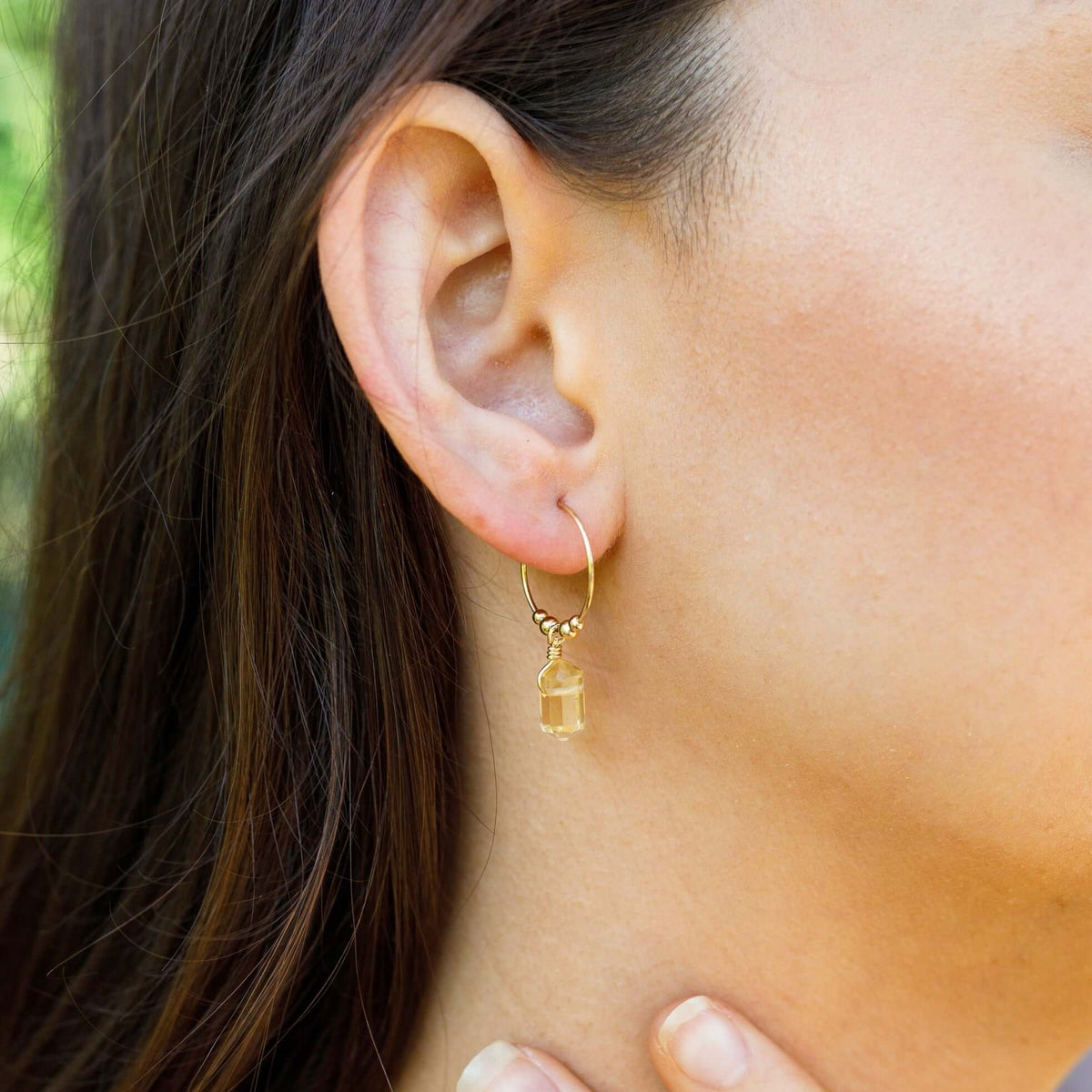 Tiny Double Terminated Crystal Hoop Dangle Earrings - Citrine - 14K Gold Fill - Luna Tide Handmade Jewellery